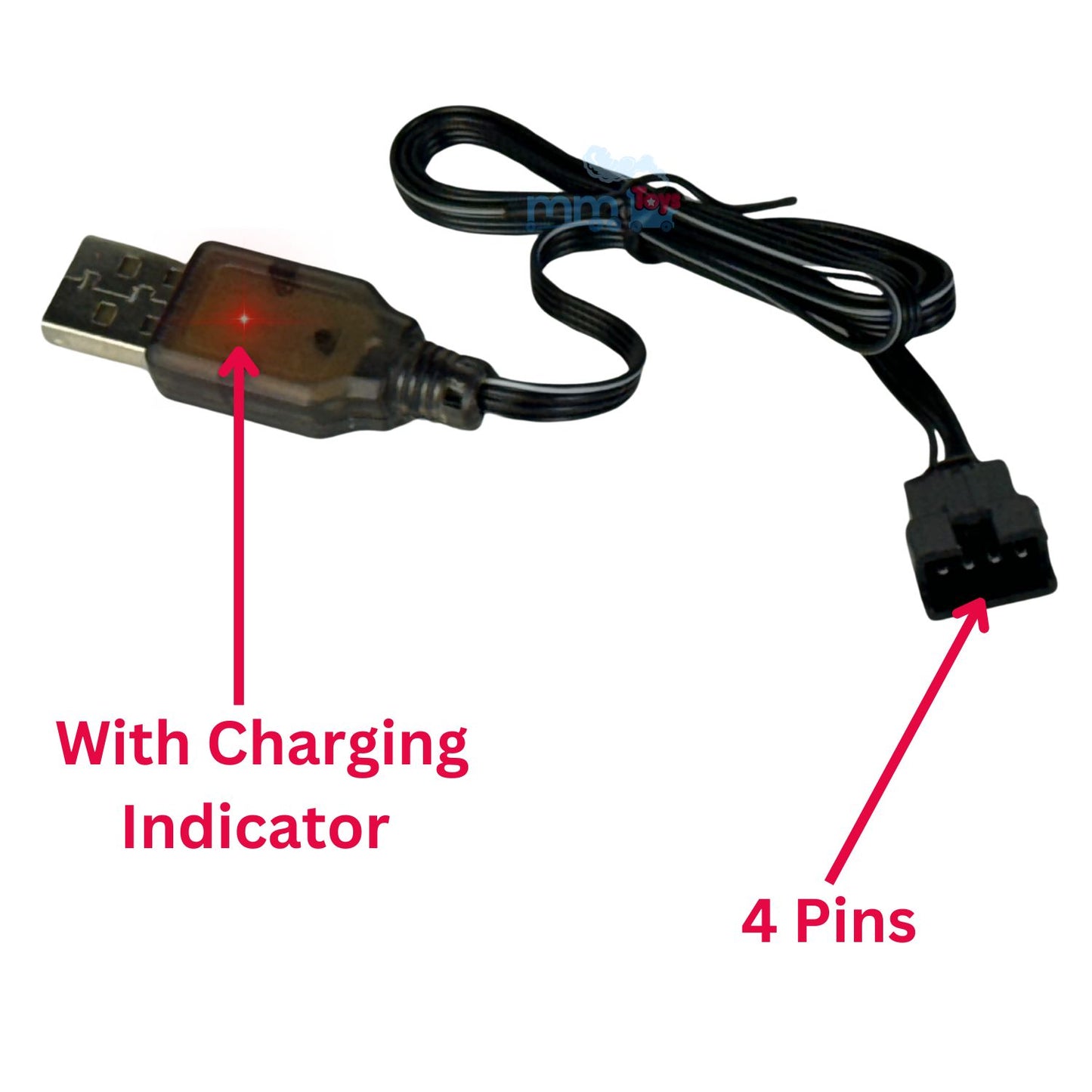 MM TOYS USB Charger Cable Power Adaptor With Led Indicator 4 Pin JST SM Connector Female Black Input 0.5-2A Output 7.4V=250mA For RC Toys , Electronic Devices, Robotics- Black