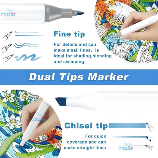 MM TOYS Professional Art Set 12: Dual Tip Alcohol Markers - Vibrant Colors for Artists, Beginners, Adults, and Kids - Fine and Chisel Tips - Ideal for Artistic Creations - Assorted Colors