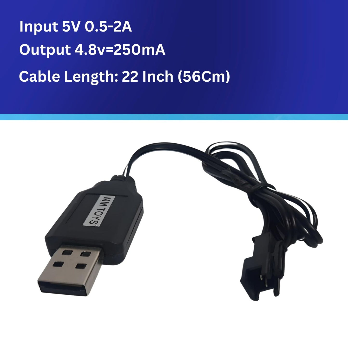 MM TOYS USB Charger Cable Power Adaptor With Led Indicator 2 Pin JST SM Connector Input 5V 0.5-2A Output 4.8V=250mA For RC Toys , Electronic Devices, Robotics- Black