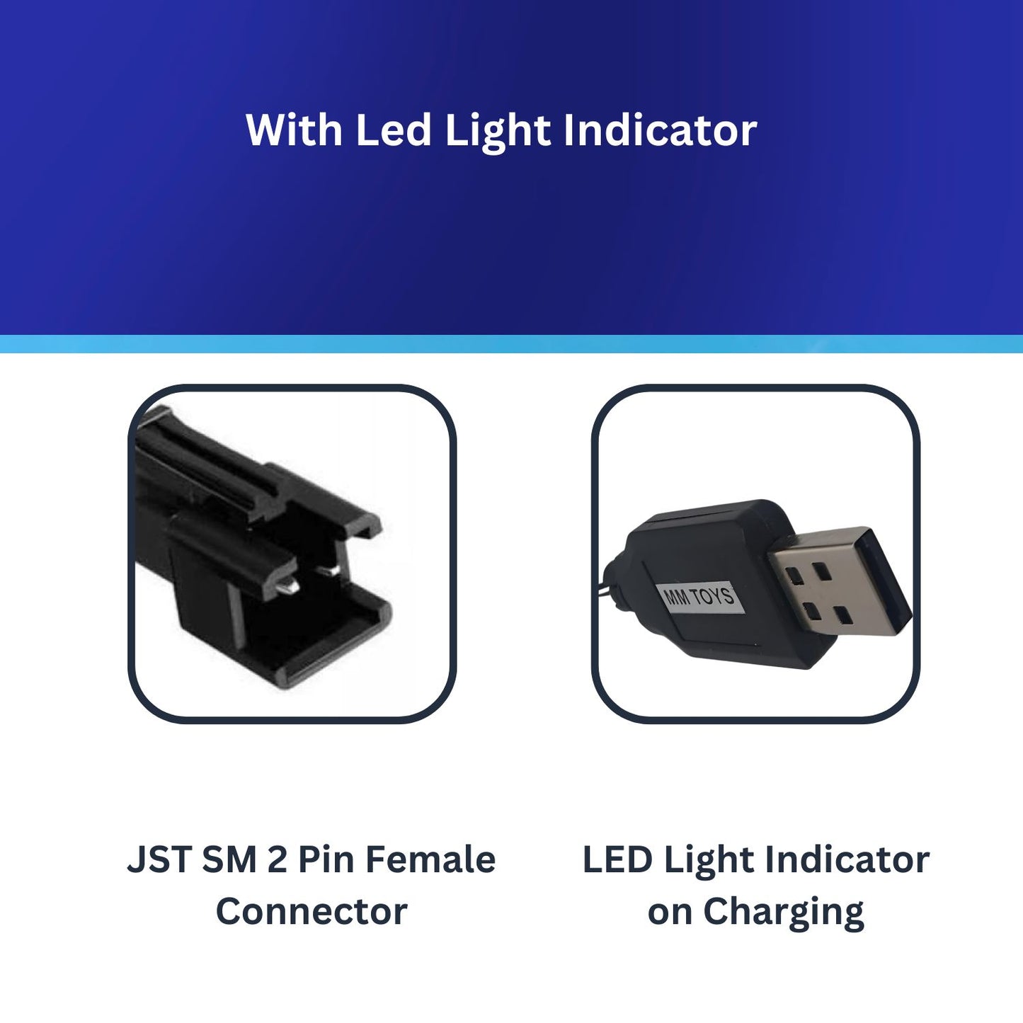 MM TOYS USB Charger Cable Power Adaptor With Led Indicator 2 Pin JST SM Connector Input 5V 0.5-2A Output 4.8V=250mA For RC Toys , Electronic Devices, Robotics- Black