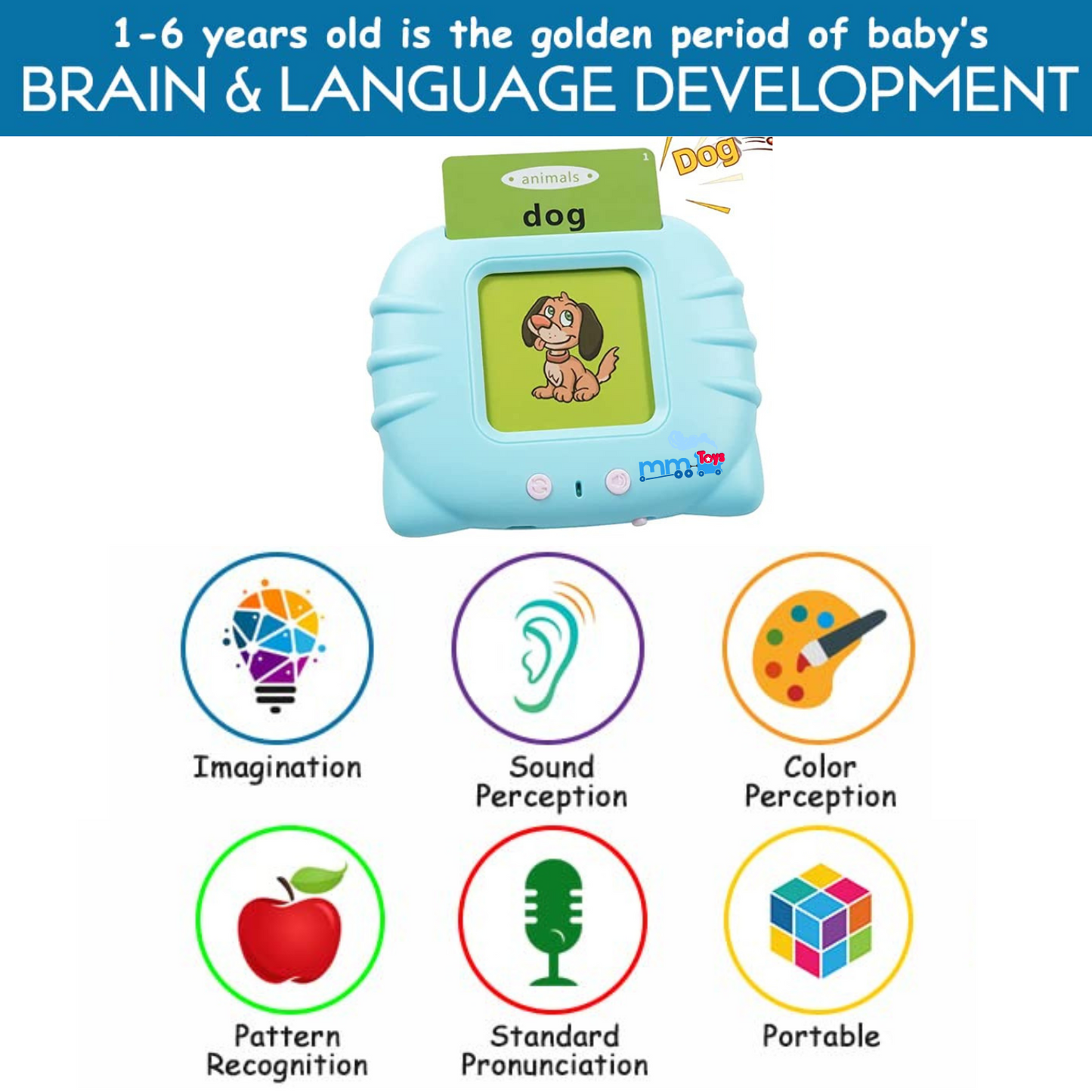 MM Toys Speak-N-Play Interactive Preschool Electronic Learning Toy with 112 Digital Flashcards Rechargeable With Educational Sounds & Images For 2 3 4 Year Old- Color May Vary