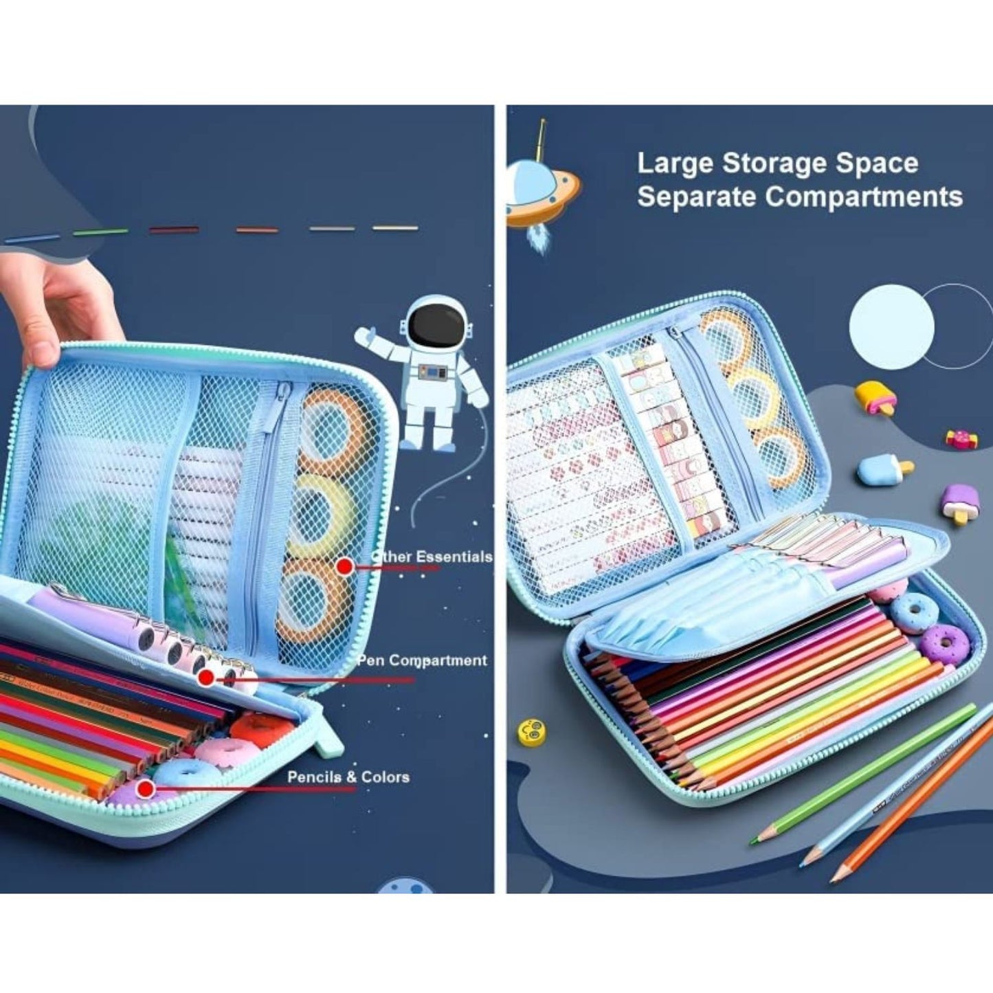 MM TOYS 3D Space Design Embossed EVA Cover Pencil Case with Compartments, Pencil Pouch for Kids, School Supply Organizer for Students, Stationery Box, Zip Pouch Bag (1 Unit)