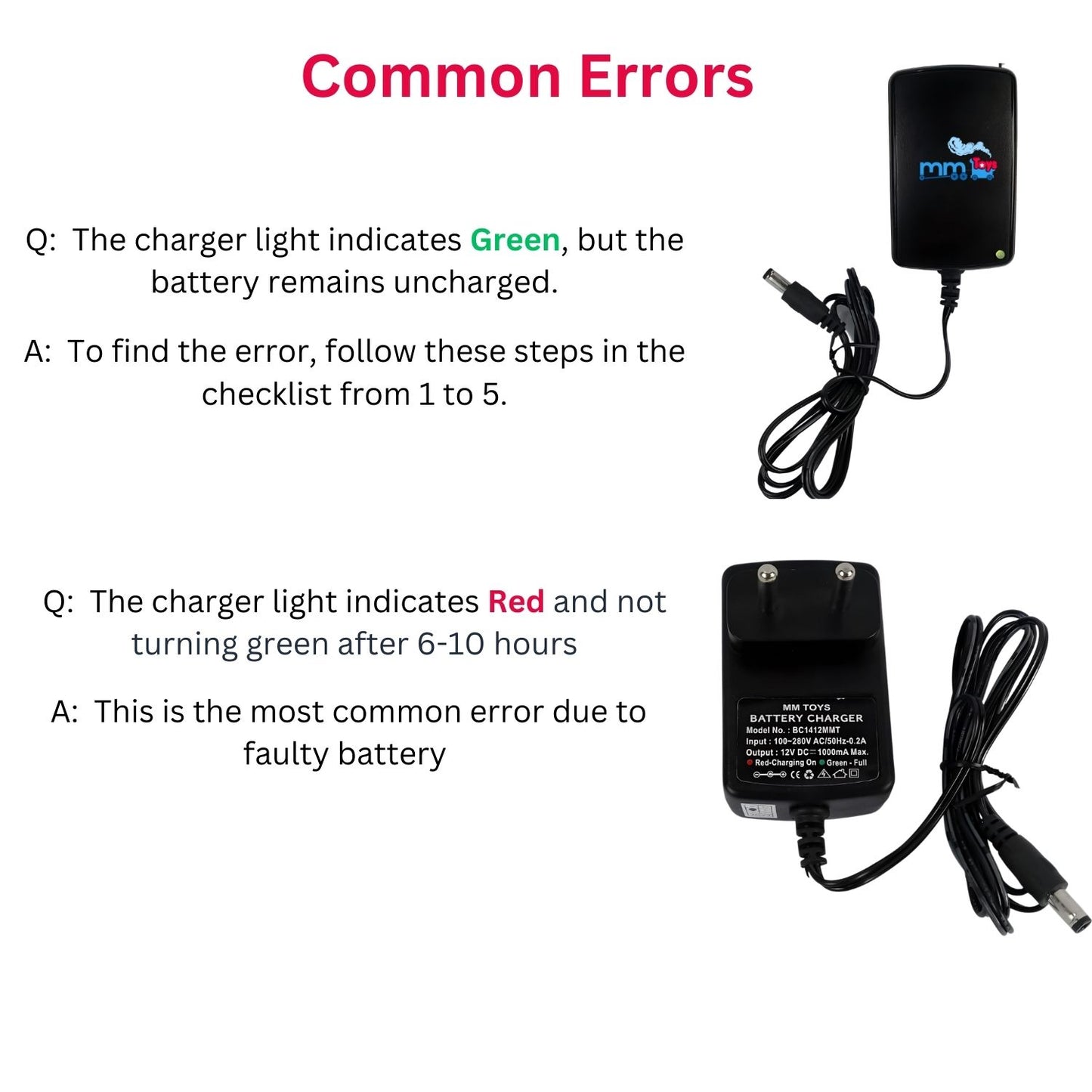 MM TOYS 12v Fast Charger For kids Electric Powered Ride On Car Bike Jeep Universal Round Hole Charger With charging indicator LED Power Adapter-Black