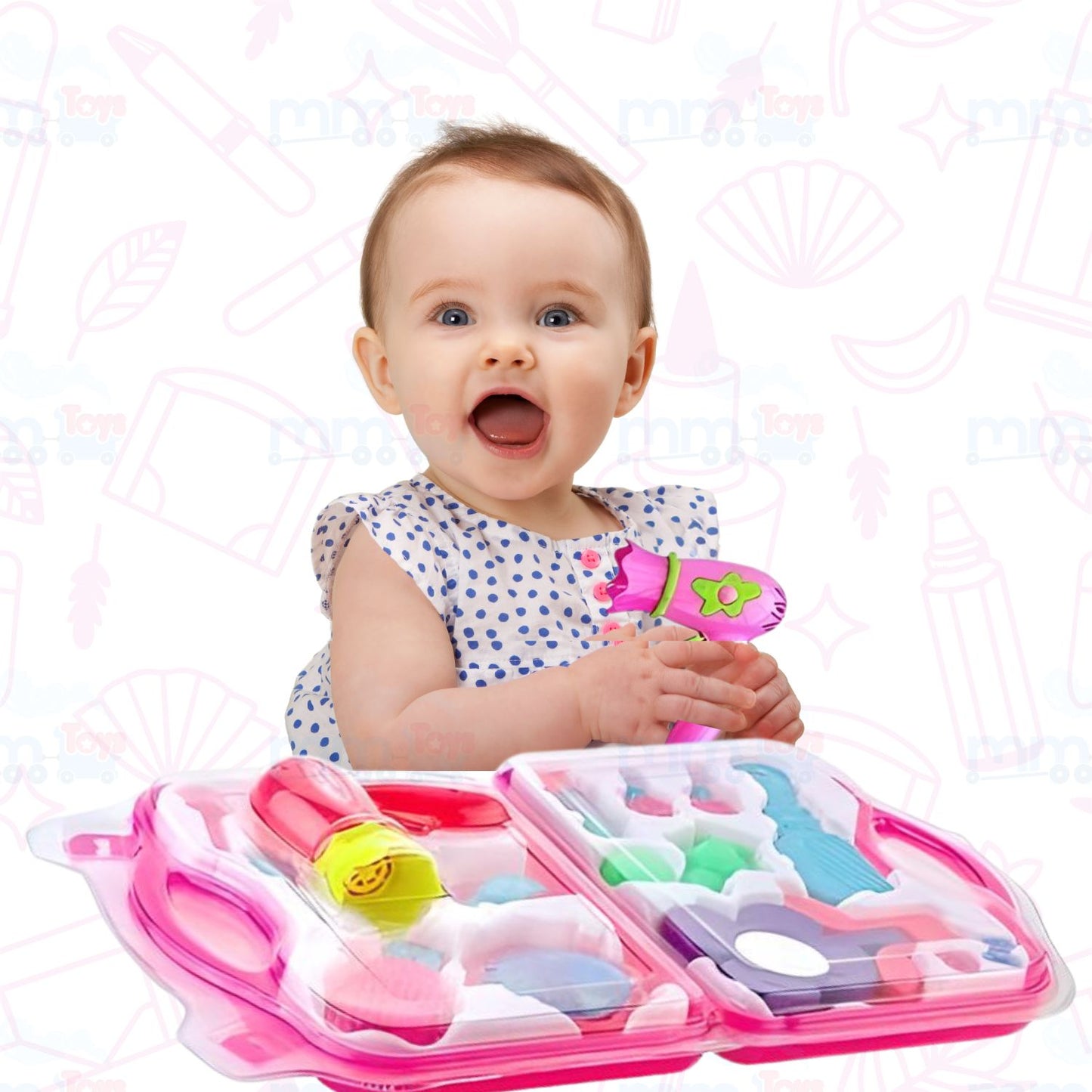 MM TOYS 14 PCS PRETEND AND PLAY FASHION MAKEUP BEAUTY SET FOR GIRLS - PINK