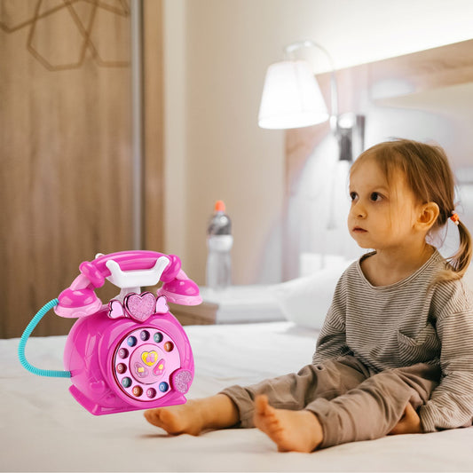 MM TOYS Classic Dial Receiver Simulation Telephone Toy for Toddlers - Rotating Number Dial, Music & Lights - Pink