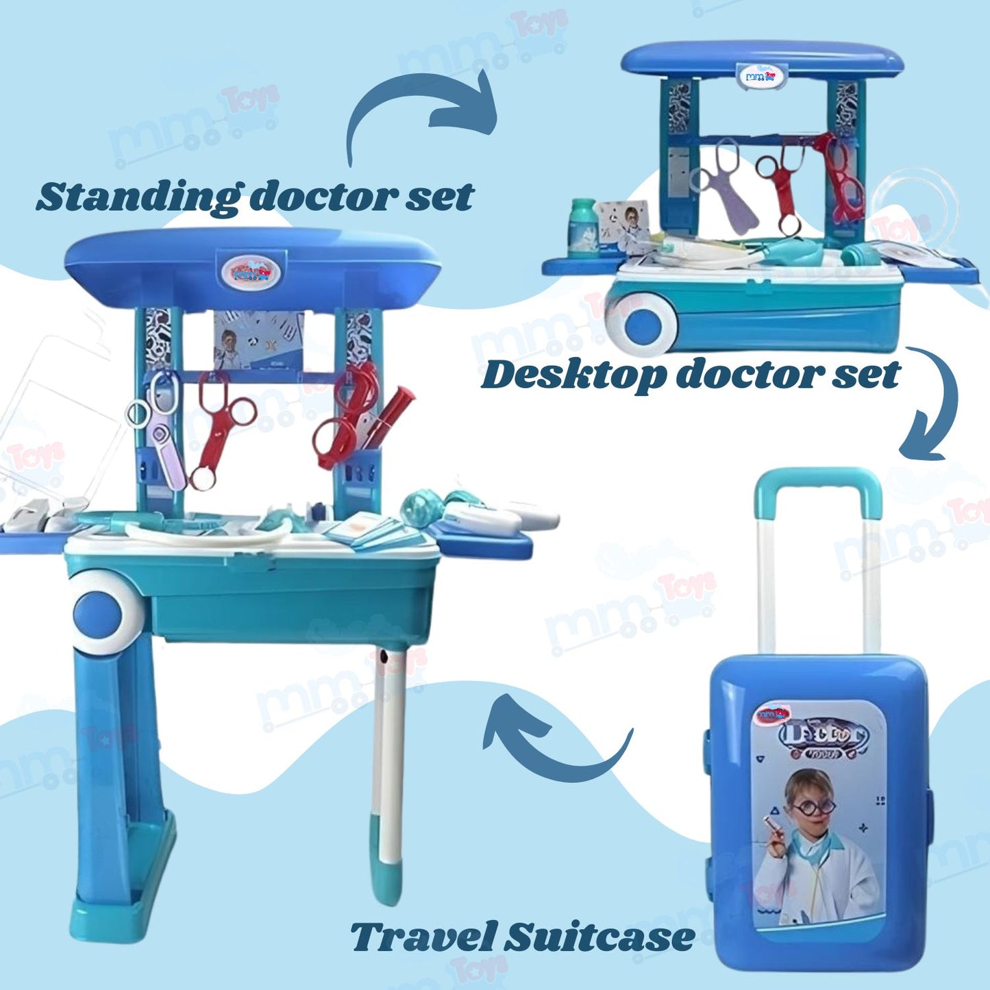 MM TOYS Premium Doctor Play Set Trolley Suitcase 3-in-1 Toy for Kids 3-10 Years Old Boy And Girl Kids - Realistic Accessories Doctor Pretend Play Set- Blue