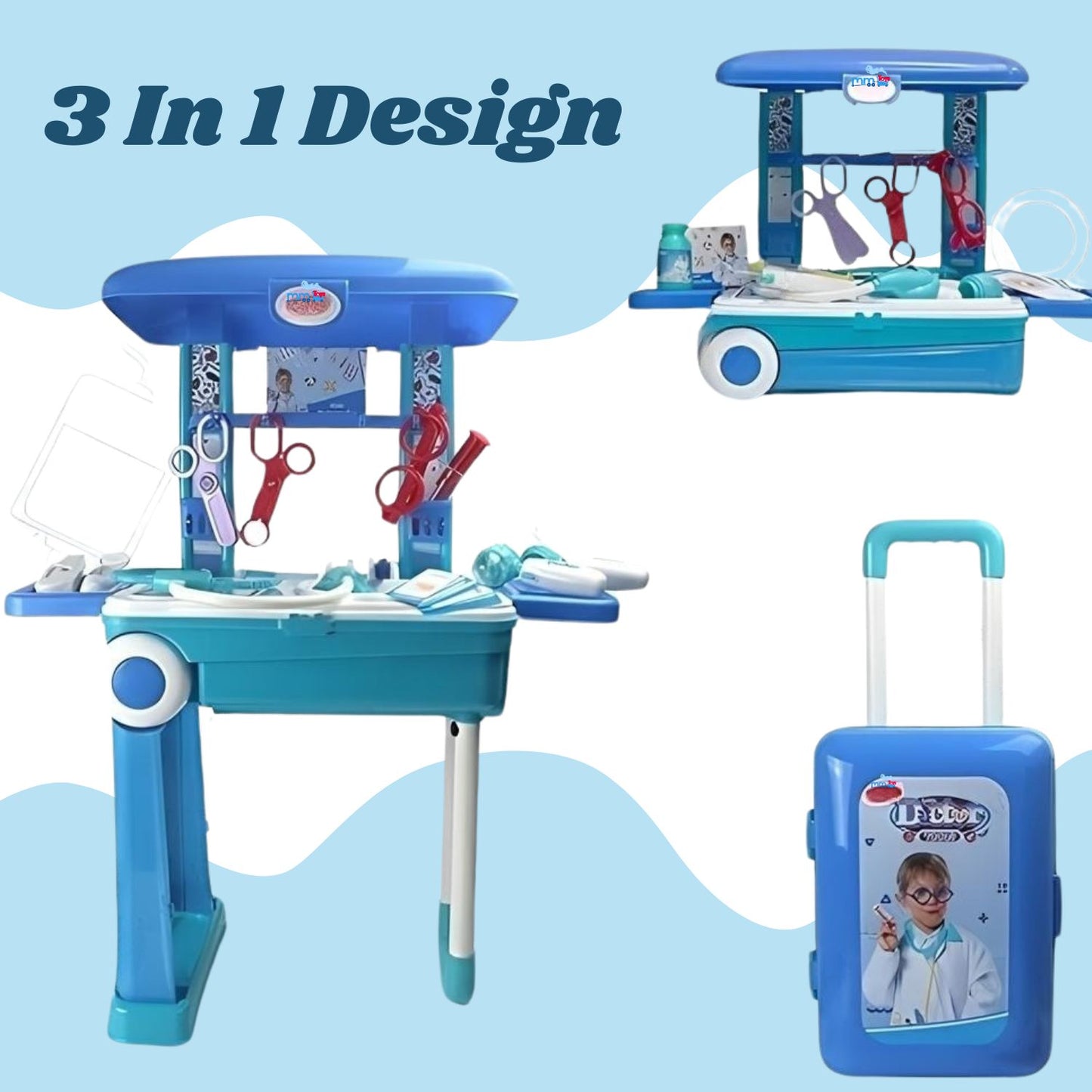 MM TOYS Premium Doctor Play Set Trolley Suitcase 3-in-1 Toy for Kids 3-10 Years Old Boy And Girl Kids - Realistic Accessories Doctor Pretend Play Set- Blue
