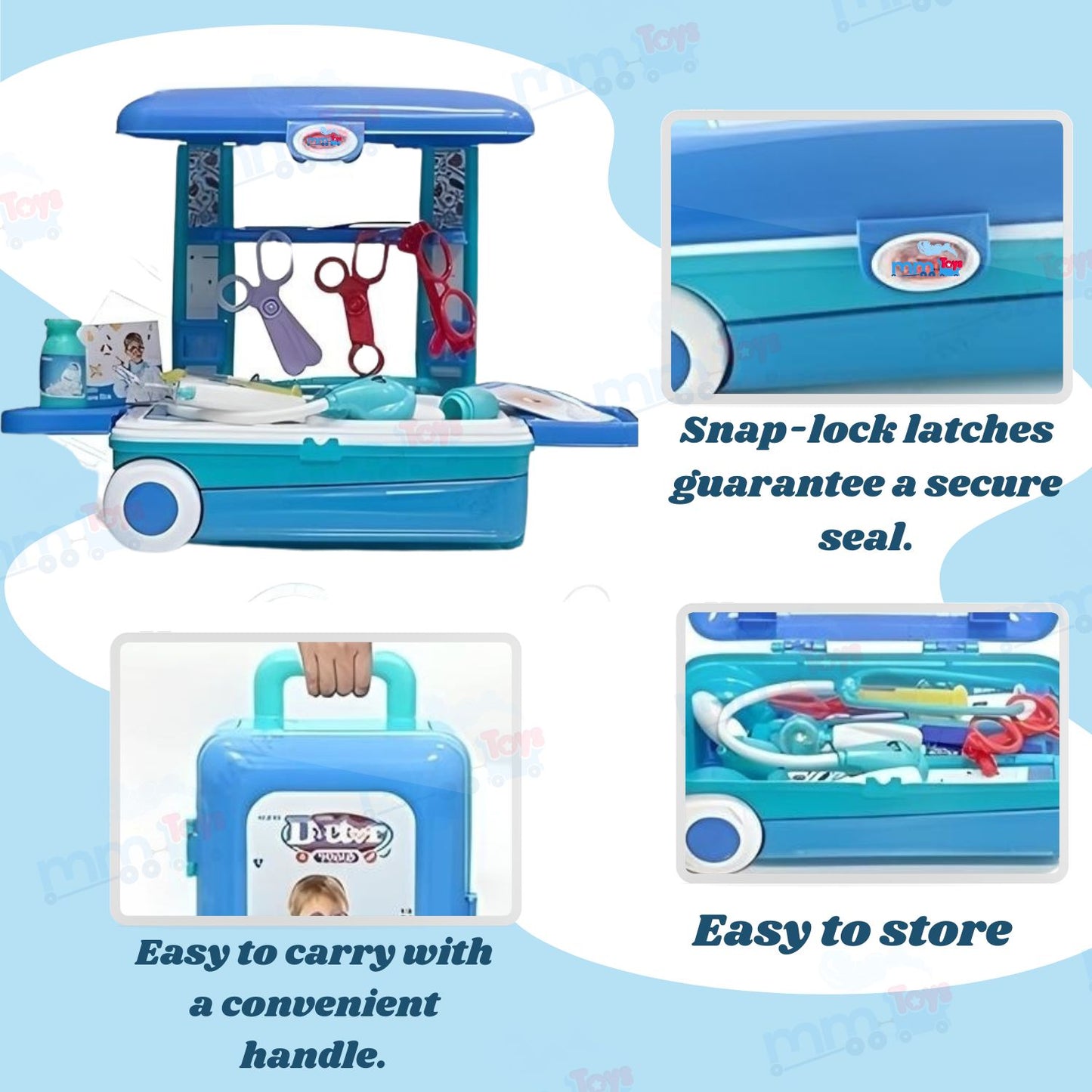 MM TOYS Premium Doctor Play Set Trolley Suitcase 3-in-1 Toy for Kids 3-10 Years Old Boy And Girl Kids - Realistic Accessories Doctor Pretend Play Set- Blue