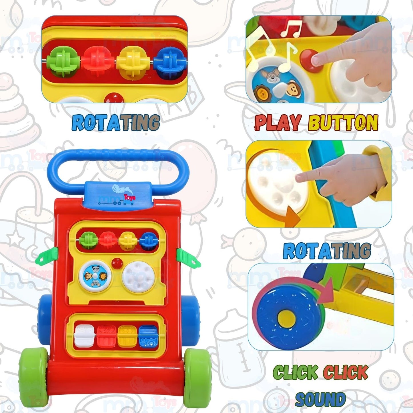 MM Toys Baby Activity Walker Trainer with Music Anti-Slip Tyres For 6+ Months Infants - Color May Vary