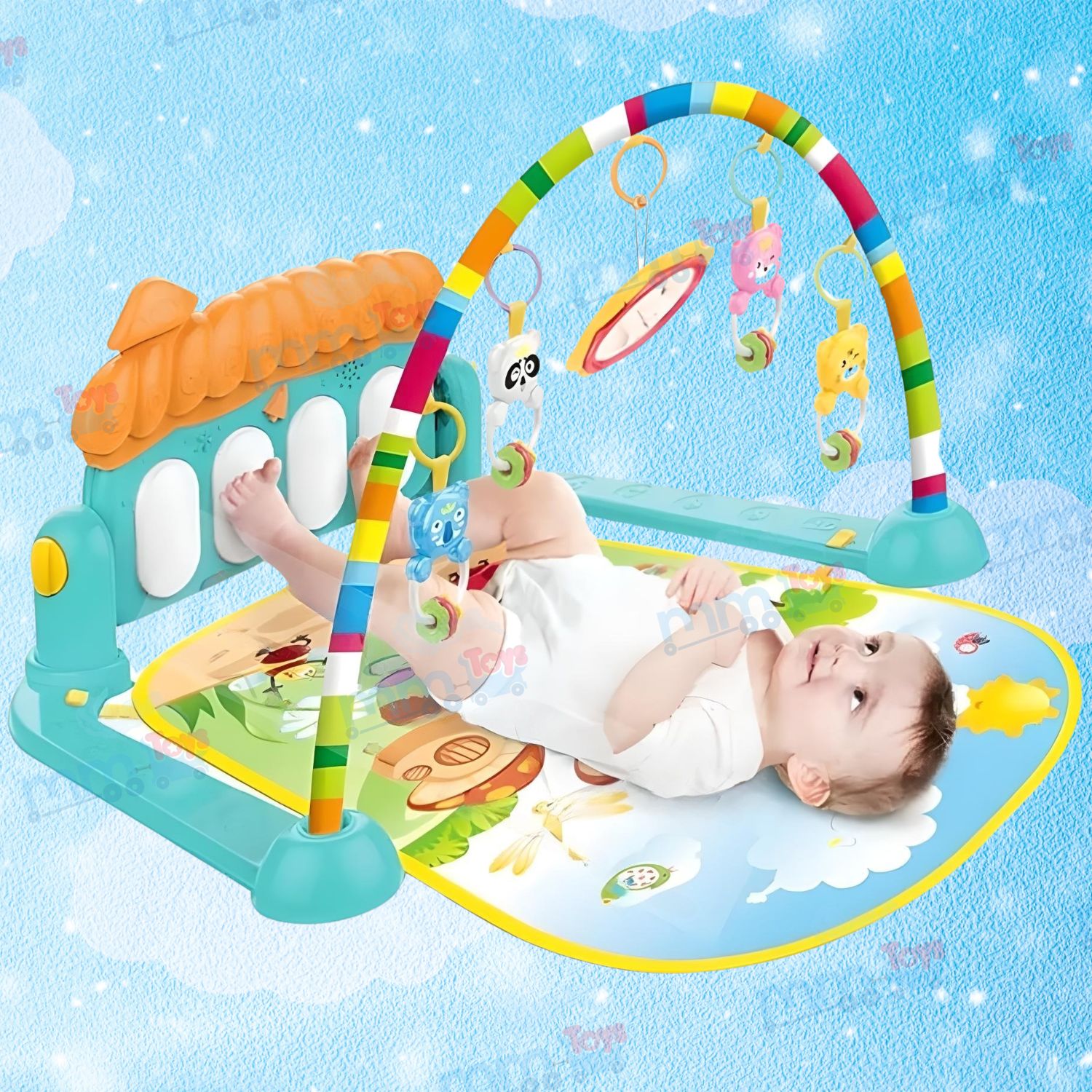 MM Toys Baby Play Mat Gym Fitness Rack with Hanging Rattles, Lights Musical Keyboard Mat Convertible Piano for 0-12 Months Baby