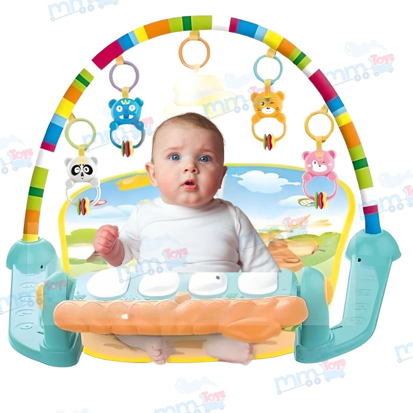 MM Toys Baby Play Mat Gym & Fitness Rack with Hanging Rattles, Lights & Musical Keyboard Mat - Convertible Piano for 0-12 Months Baby