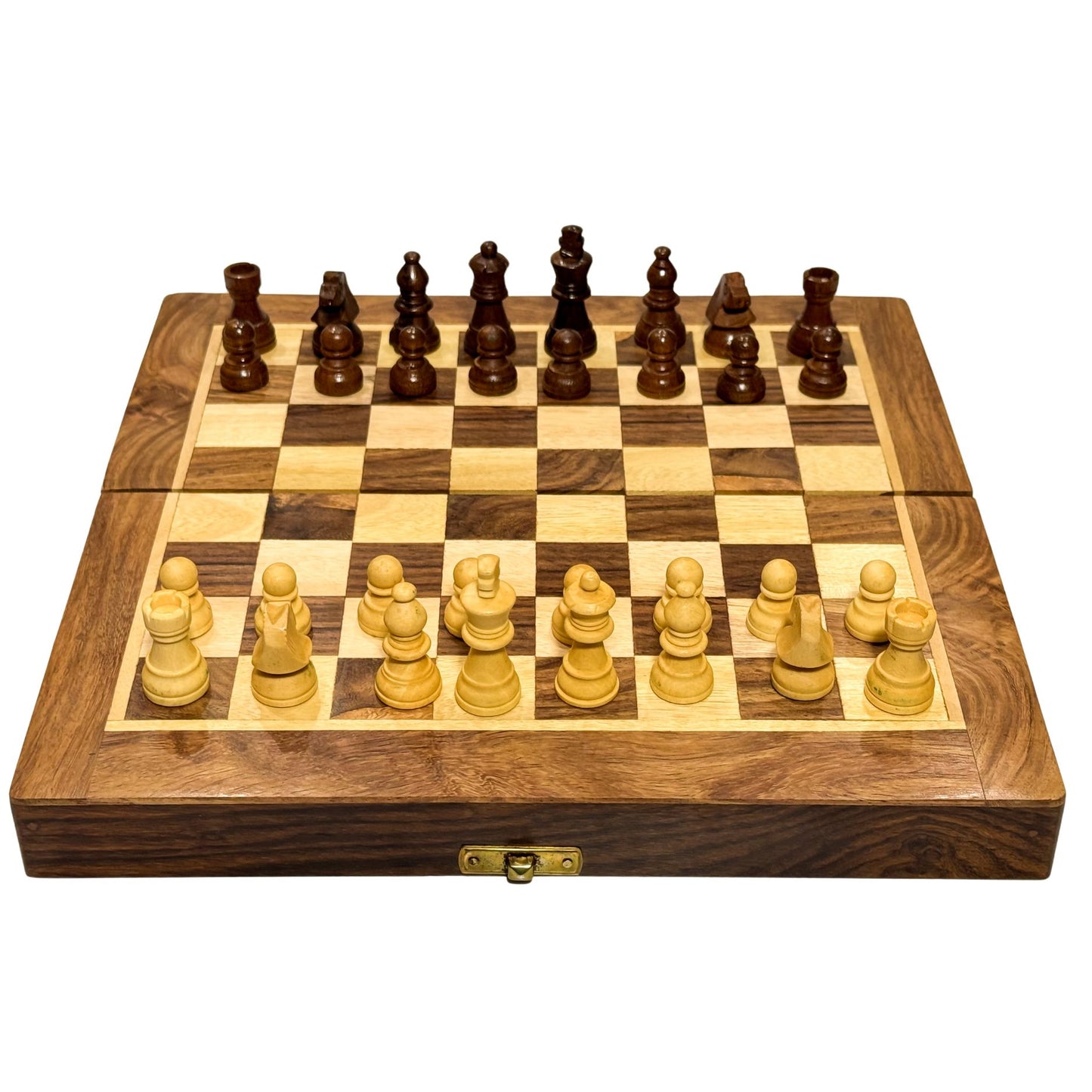 MM Toys Handcrafted 10 x 10 Inch Wooden Magnetic Chess Board Set Made With Sheesham Wood | Folding Design Gift For Kids And Adults -Brown