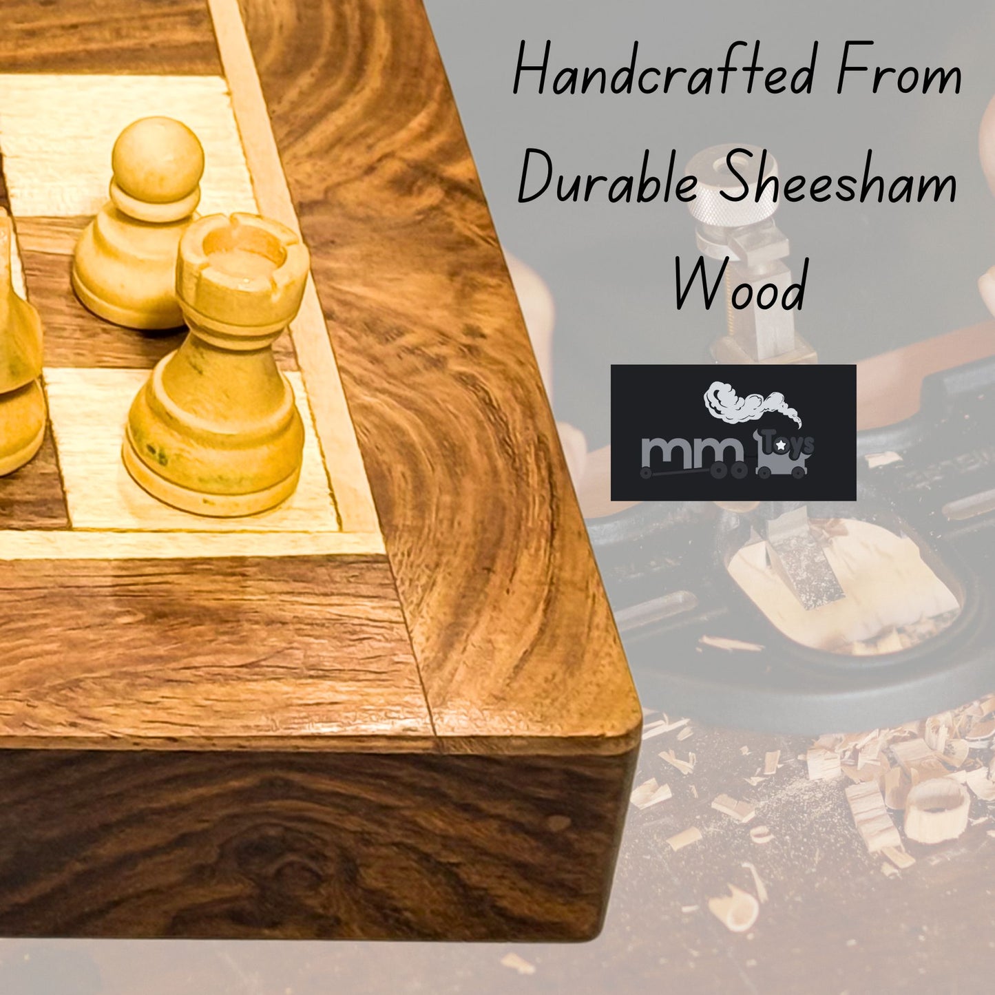 MM Toys Handcrafted 10 x 10 Inch Wooden Magnetic Chess Board Set Made With Sheesham Wood | Folding Design Gift For Kids And Adults -Brown