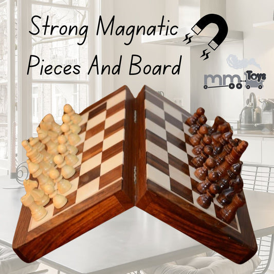 MM Toys Handcrafted 10 x 10 Inch Wooden Magnetic Chess Board Set Made With Sheesham Wood | Folding Design Gift For Kids And Adults -Brown