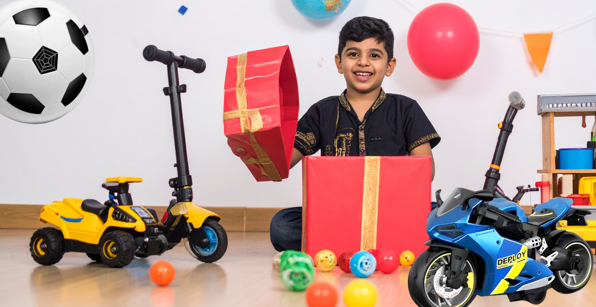appy Indian child (age 4β6) opening a toy gift box with kick scooter