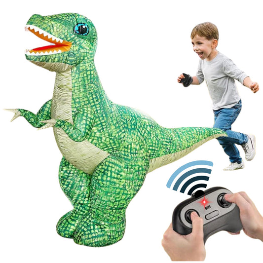 Inflatable dinosaur toy with remote control and child playing