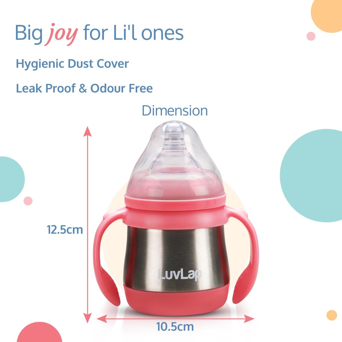 LuvLap Steel Feeding Bottle, 240ml, Pink, SS304 Stainless Steel, Rust-Free, Odour-Free, Anti-Colic Nipple, Ergonomic Handle