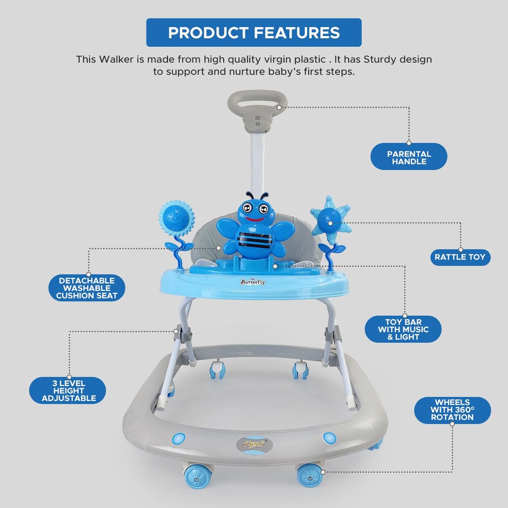 Dash ButterFly Baby Walker 3 Height Adjustable With Parent Handle For 4+ Months Baby -Blue