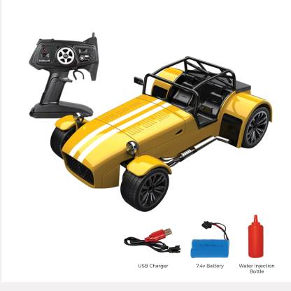 Playzu Vintage Die-Cast Heavy Alloy Remote Car 1:12 Scale, LED Lights, Engine Sound, Mist Spray, 2.4Ghz Long Range Remote, High Power 7.5V - Yellow