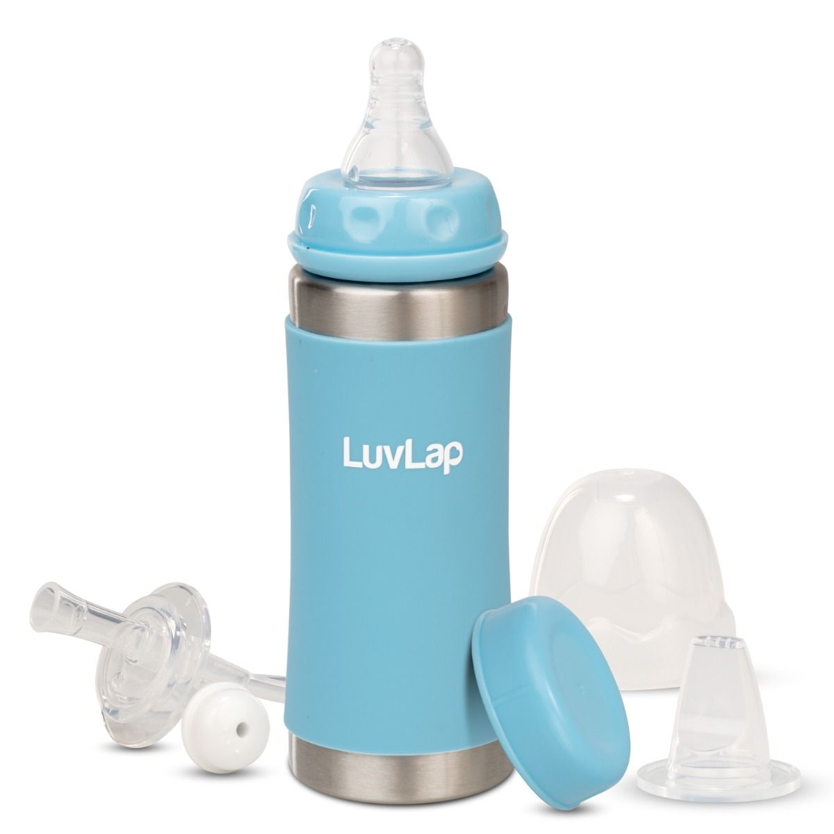 LuvLap 4-in-1 Stainless Steel Baby Bottle/Sipper SS304, Anti-Colic, Odor-Free, with Handles 19422 240ml- SkyBlue