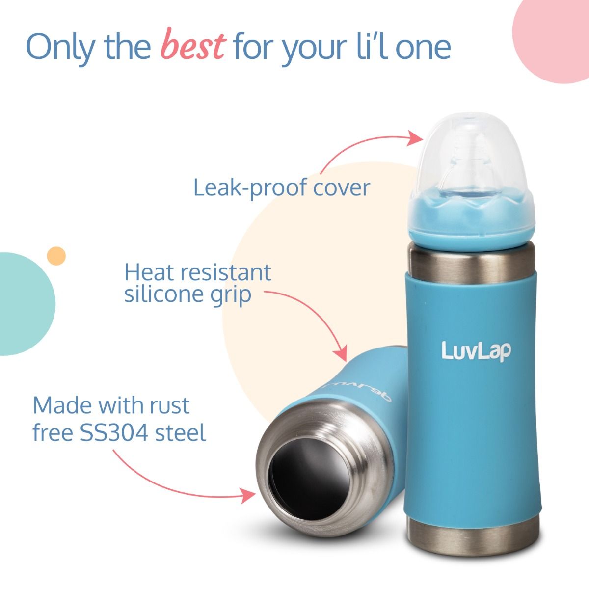 LuvLap 4-in-1 Stainless Steel Baby Bottle/Sipper SS304, Anti-Colic, Odor-Free, with Handles 19422 - 240ml- SkyBlue