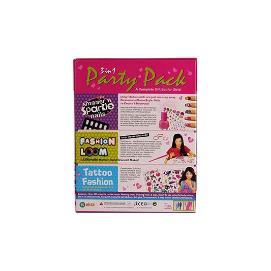 EKTA 3 IN 1 PARTY PACK GIFT SET DIY KIT SPARKLE NAILS , FASHION LOOM , TATTOO FASHION MAKING FOR 5+ YEAR GIRLS