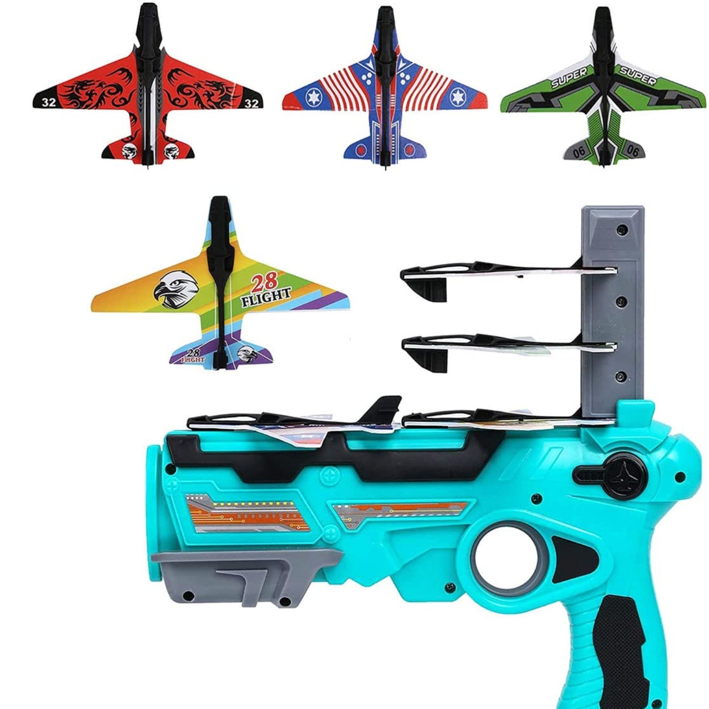 MM Toys  Air Battle Rapid-Launch Foam Glider Plane Gun, 4 Planes, ABS Plastic, Ages 3+, Multicolor