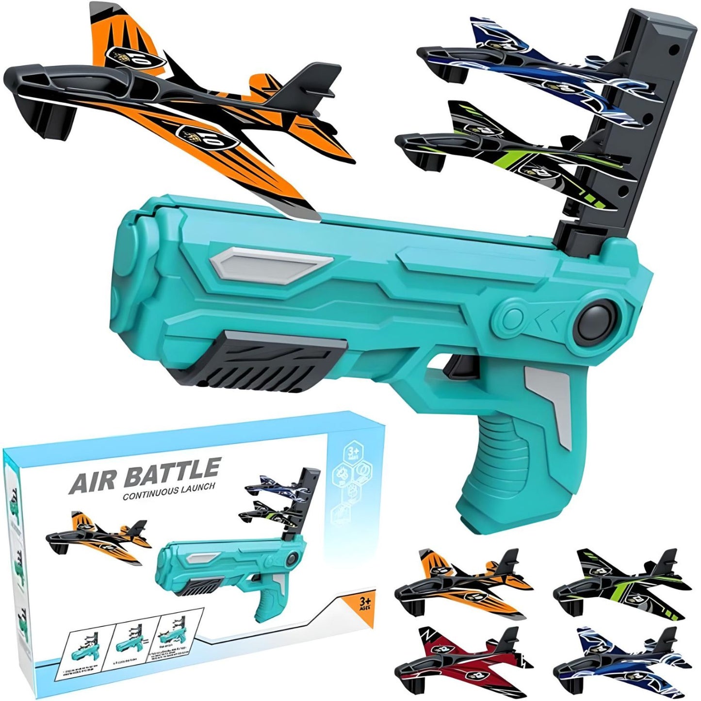 MM Toys  Air Battle Rapid-Launch Foam Glider Plane Gun, 4 Planes, ABS Plastic, Ages 3+, Multicolor