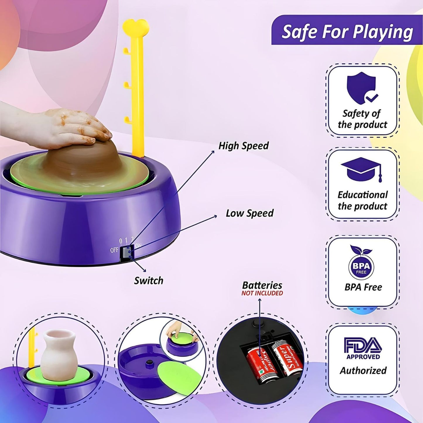 MM Toys Braintastic Kids Pottery Wheel Battery-Operated, All-Inclusive Kit, Safe & Educational, Perfect for Arts & Crafts 8+ Years - Vibrant Color Set