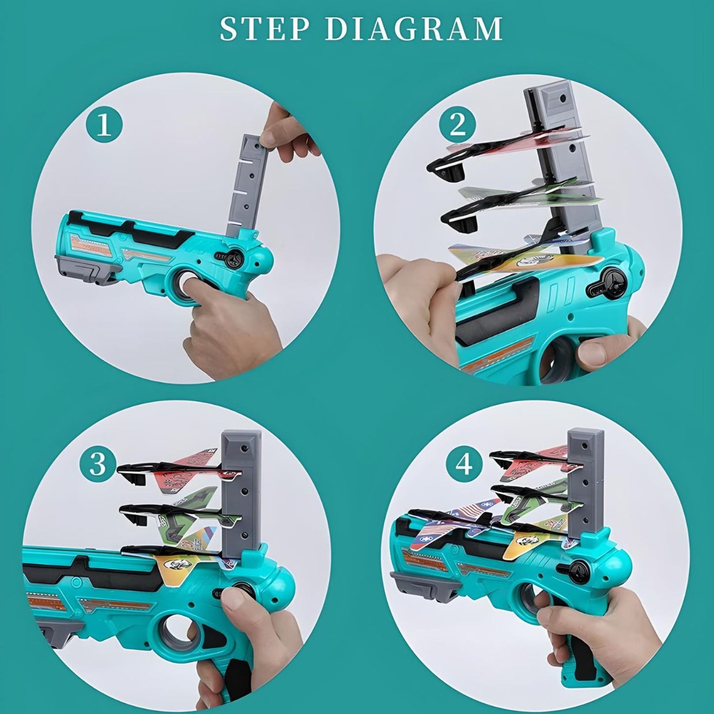 MM Toys  Air Battle Rapid-Launch Foam Glider Plane Gun, 4 Planes, ABS Plastic, Ages 3+, Multicolor