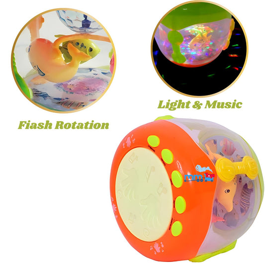 MM TOYS 360° Rotating Fishing Drum Toy Rechargeable Battries Inc - Multicolor Lights & Music, Interactive Aquarium, Transparent Body, Perfect Gift for Kids