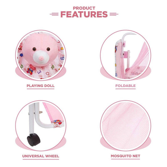 Mother's Love TEDDY CRIB CRADLE WITH MOSQUITO NET , UNIVERSAL WHEELS AND PLAYING Toy FOR 0+ MONTH PINK