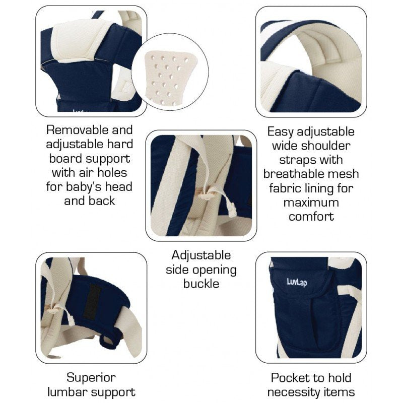 LUVLAP ELEGANT BABY CARRIER WITH 4 CARRY POSITIONS, FOR 4 TO 24 MONTHS BABY, MAX WEIGHT UP TO 15 KGS (DARK BLUE)