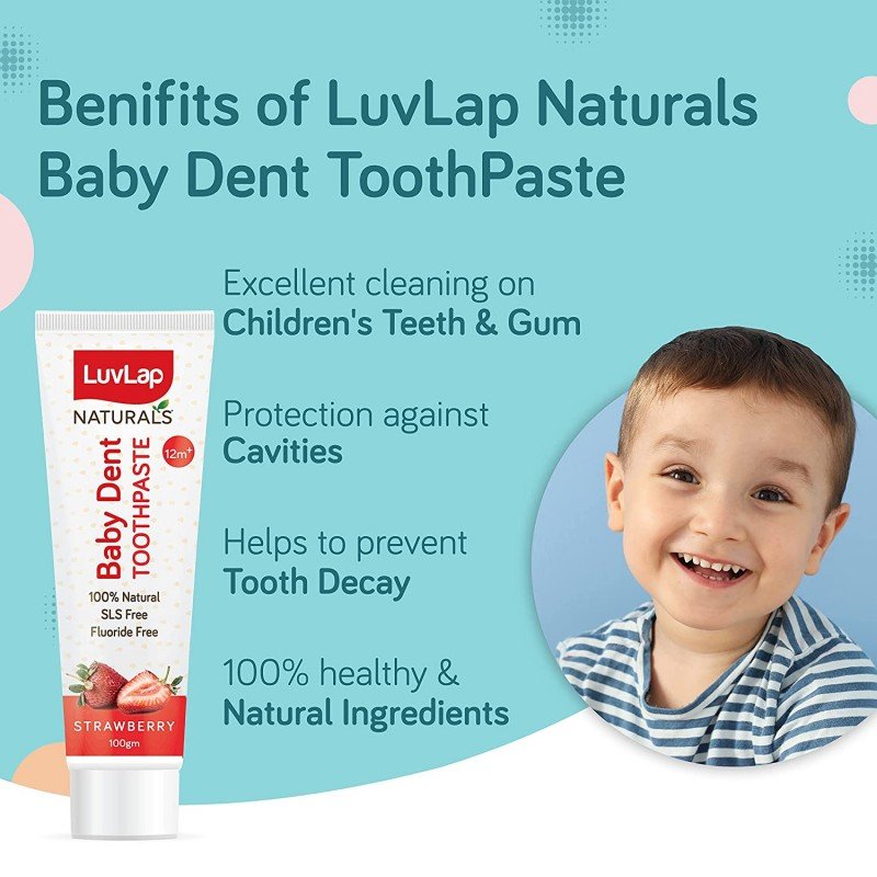 LUVLAP NATURAL BABY TOOTHPASTE 50G, STRAWBERRY FLAVOUR , SLS & FLUORIDE FREE 100% NATURALS 18+ MONTHS