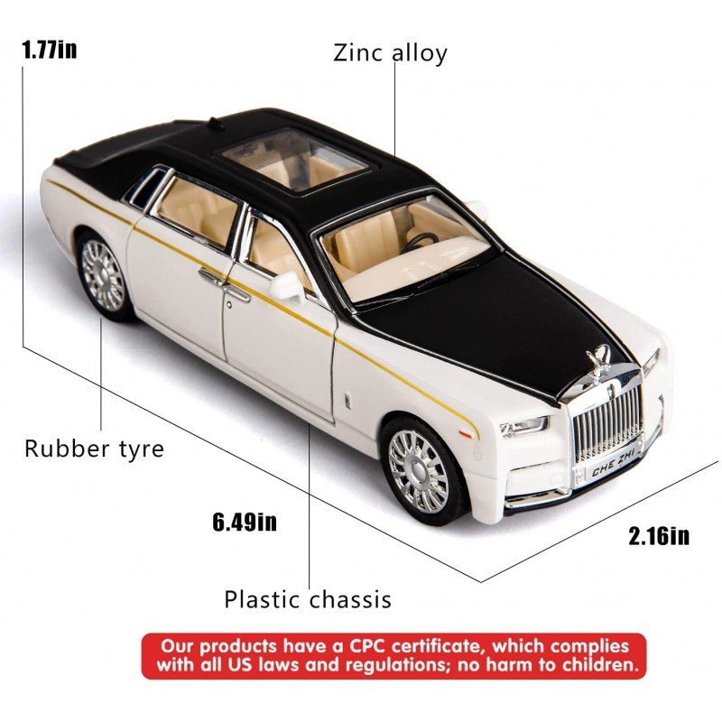 MM TOYS Rolls-Royce Phantom 1:32 Diecast Alloy Type Pullback Car - Luxury Toy with Realistic Details, Ages 3+ Color May Vary