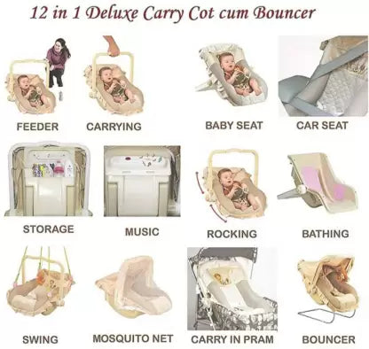 MM Toys 13-in-1 Musical Carry Cot: Versatile Newborn Bouncer, Swing with Mosquito Net In-built Bath Tub for 0+ Months Babies