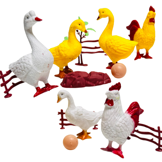 MM TOYS 9 Pcs Farm & Poultry Set – 7 Assorted Animals + 2 Eggs | 4" PVC Figurines for Learning, EVS Projects & Pretend Play | BIS Certified