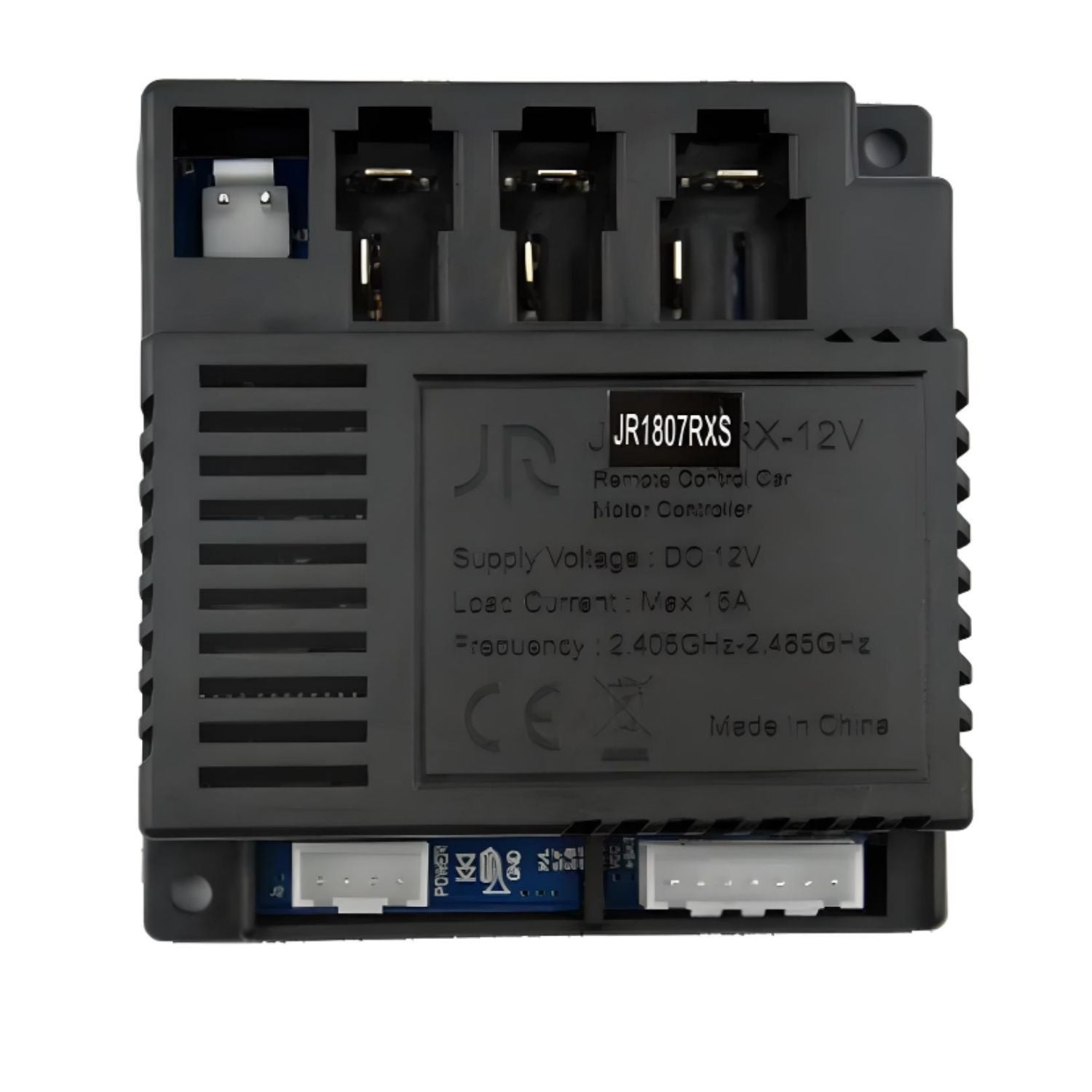 A black 12V Bluetooth receiver motor controller for kids' electric cars, with multiple connection ports and branding visible on the casing.