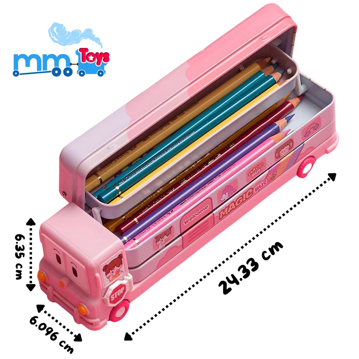 MM TOYS 2-in-1 School Bus Pencil Box & Toy - Movable Wheels, Built-in Sharpener, Durable Metal, Playful Pink