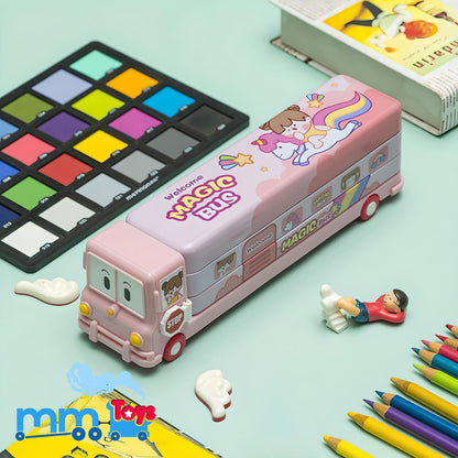 MM TOYS 2-in-1 School Bus Pencil Box & Toy - Movable Wheels, Built-in Sharpener, Durable Metal, Playful Pink