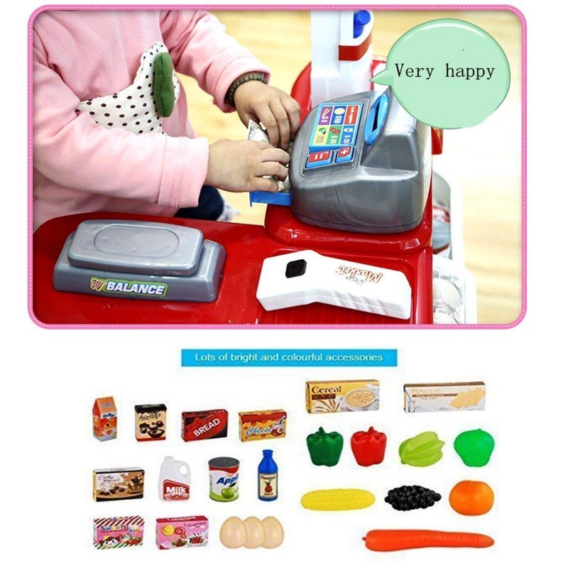 MM TOYS Plastic Role Play Home Supermarket Grocery Stall Set with Scanner and Shopping Trolley of Vegetables, Fruits, Food, Cart Accessories For Kids