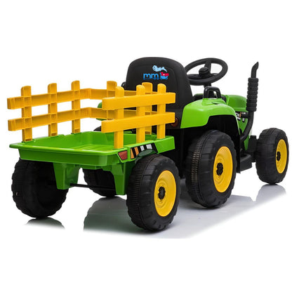 MM TOYS Ride on Tractor w/ Trailer, 12V Battery Powered Electric Vehicle Toy w/ Remote Control, Ground Loader, Treaded Tires, USB, LED Lights, Audio, Safety Belt For 2-8 Year Kids