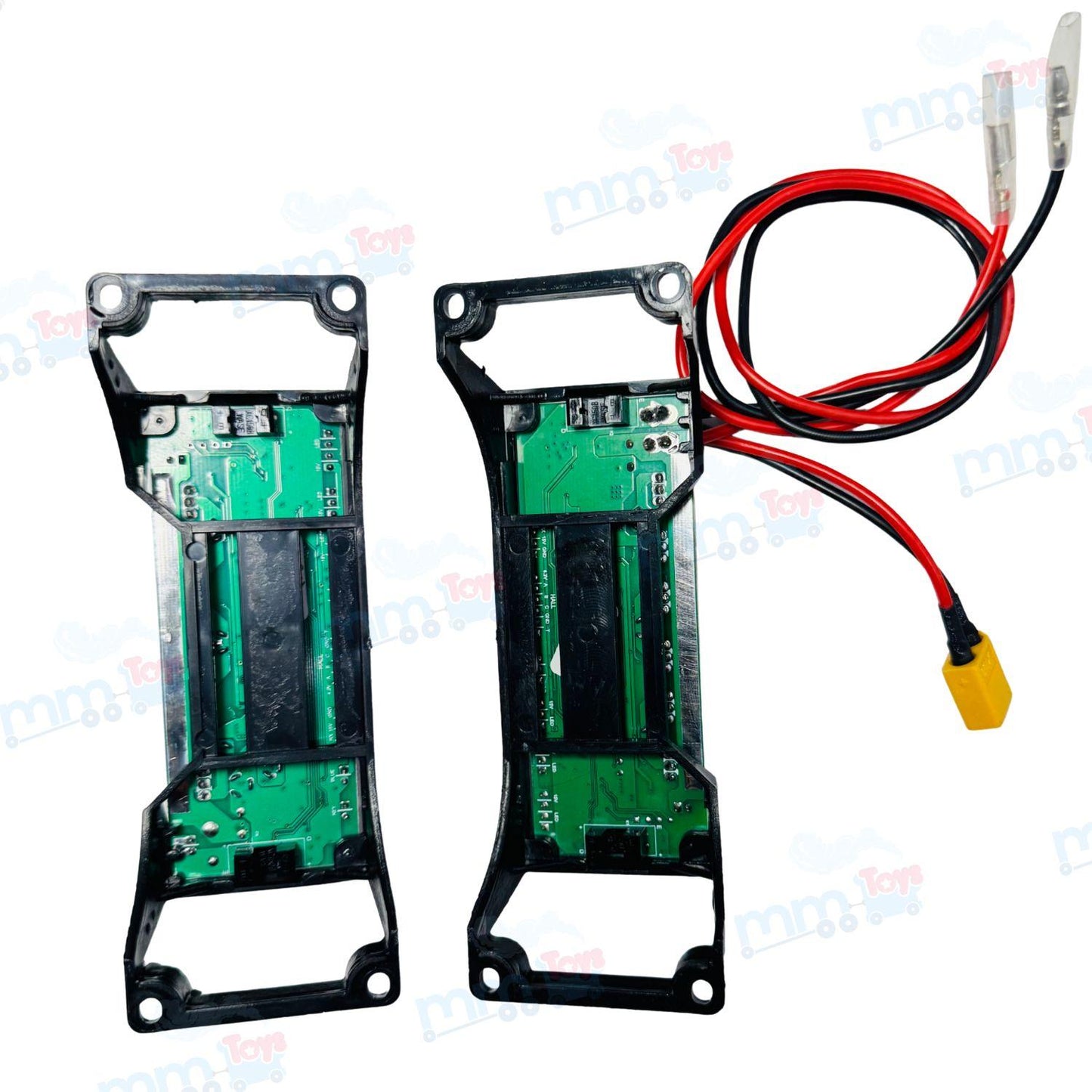 Two electronic modules with green circuit boards and black frames on a white background.