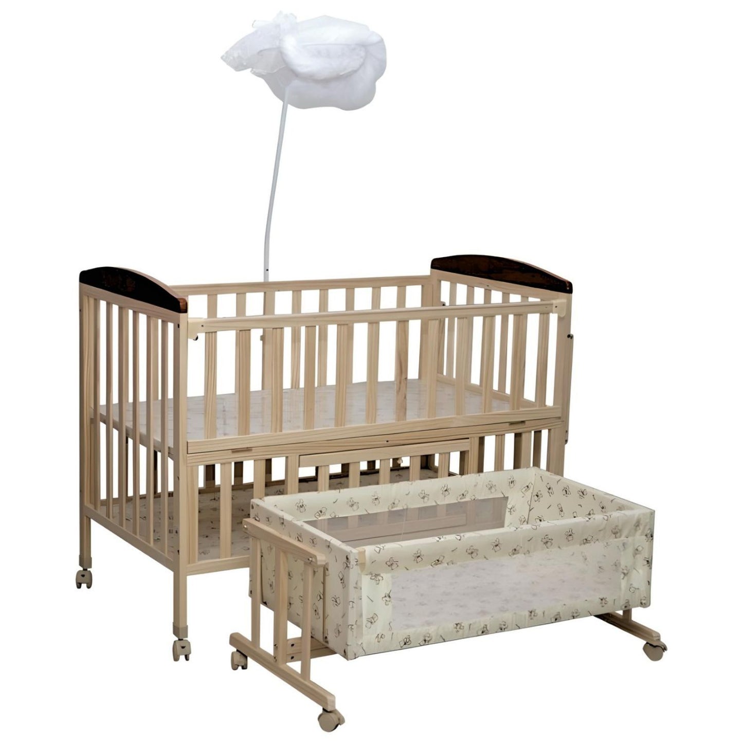 MM TOYS Multi-Functional Convertible Baby Wooden Bed with Storage & Mosquito Net - Cream