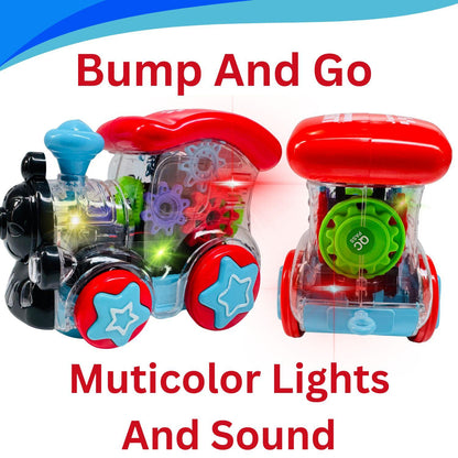 MM TOYS Gear Train Transparent Engine Car with Vibration, Light & Music, Directional Change, Multicolor Gear STEM Toy for Motor Skills 1+ Years