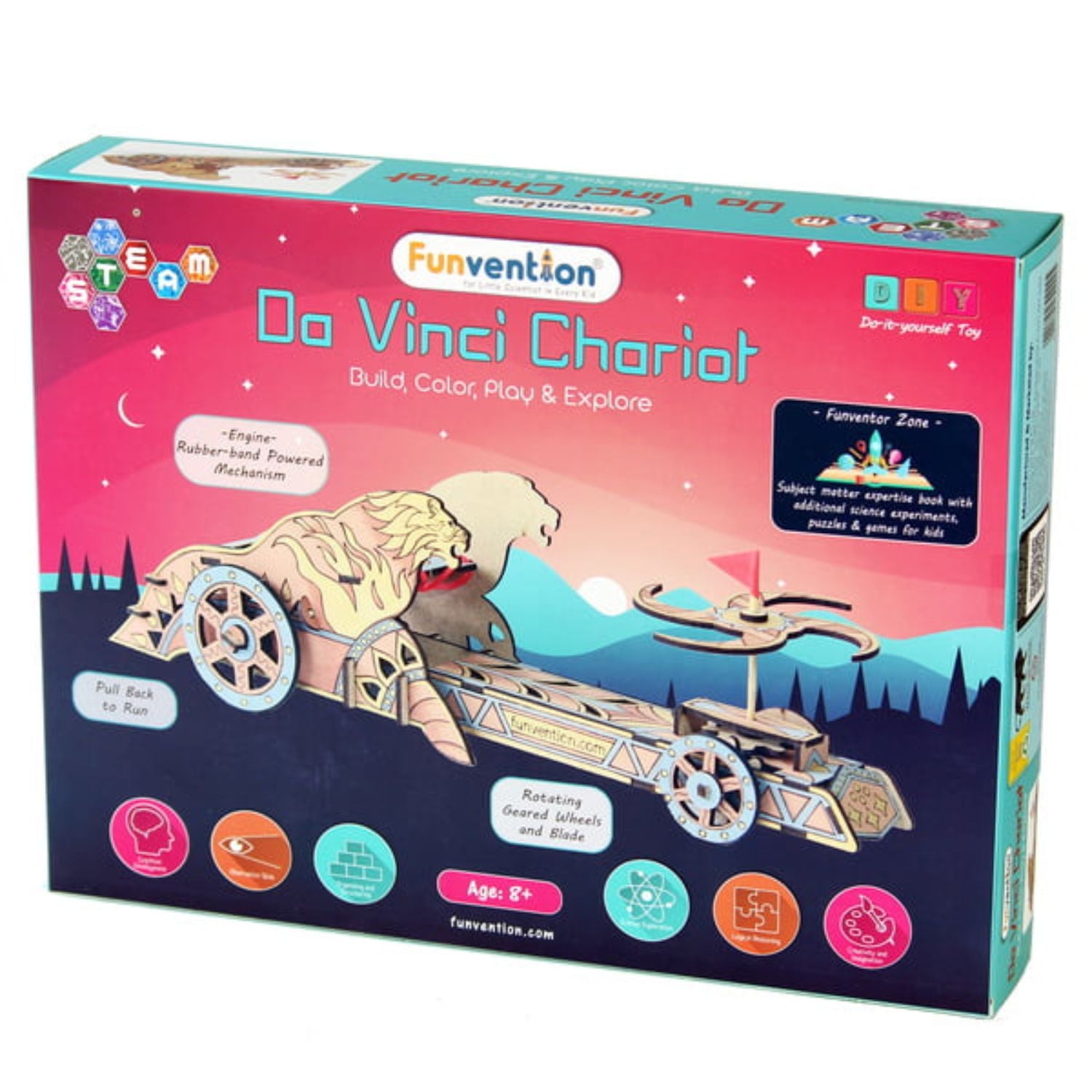 Brain game Funvention Pull-Back STEM Mechanical Da Vinci Chariot DIY Kit: Create 3D Wooden Chariot, Rotating Geared Blades, Brain & Activity Game Age 8+ Years
