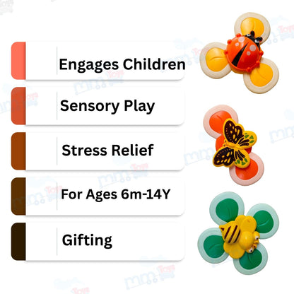 MM TOYS Sucker Spinner Toy Pack of 3 – Stress Relief Fidget Spinners with Suction Base for Kids & Adults - Multicolor