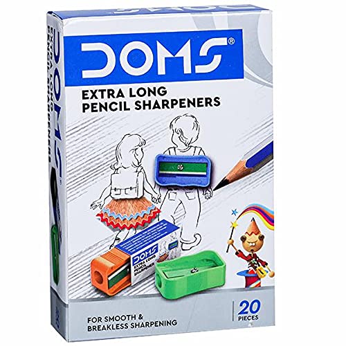 DOMS Non-Toxic Extra Long Multicoloured Pencil Sharpener | Box Pack, 20 Pieces | Smooth & Breakless Sharpening