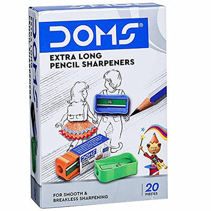 DOMS Non-Toxic Extra Long Multicoloured Pencil Sharpener | Box Pack, 20 Pieces | Smooth & Breakless Sharpening