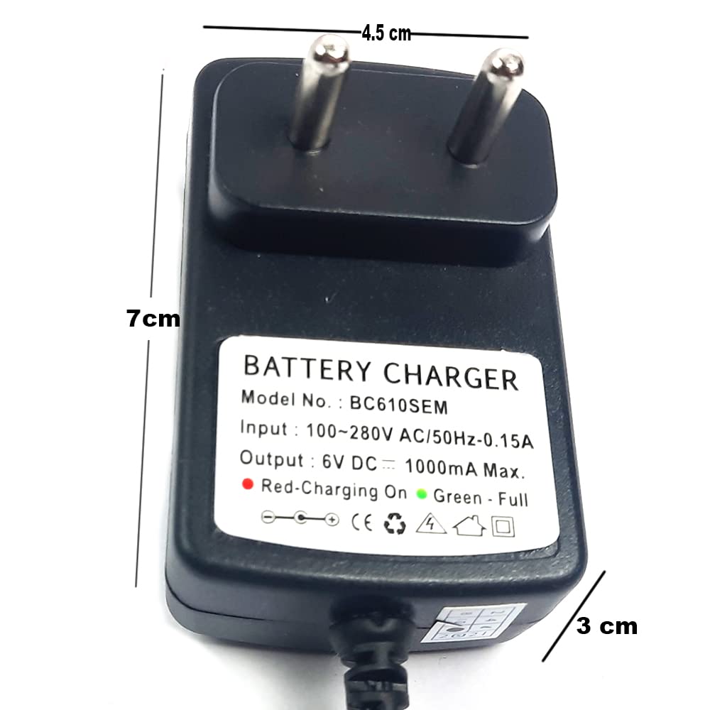 MM TOYS® 6V Charger for Kid Ride on Toys Car & Bike, Universal Round Hole 1000 Mah with Charging Indicator Led Power Rechargeable Battery Charger -Black